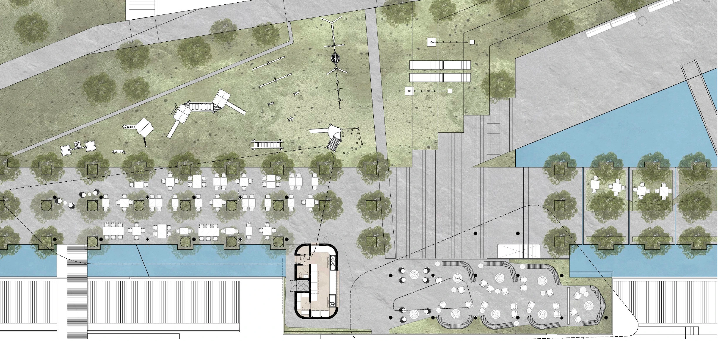 Terrazas, kiosco y área de juegos. Planta arquitectónica